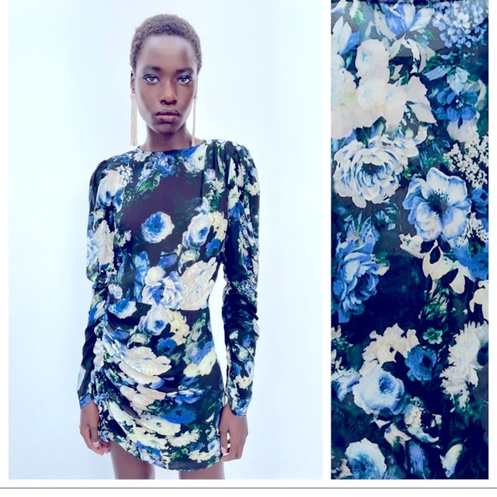 Zara Multicolored Floral Print Jewel Button Semi Sheer Mini Dress. NWT